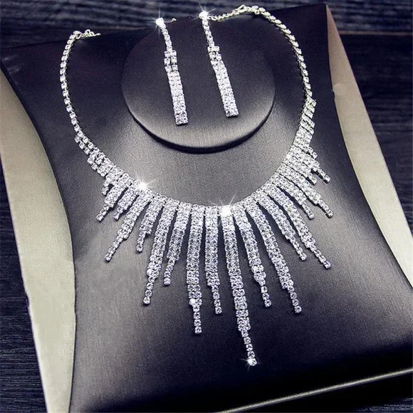 COPY - Geometric White Rhinestone Necklace & Earrings Set - Picture 2 of 2